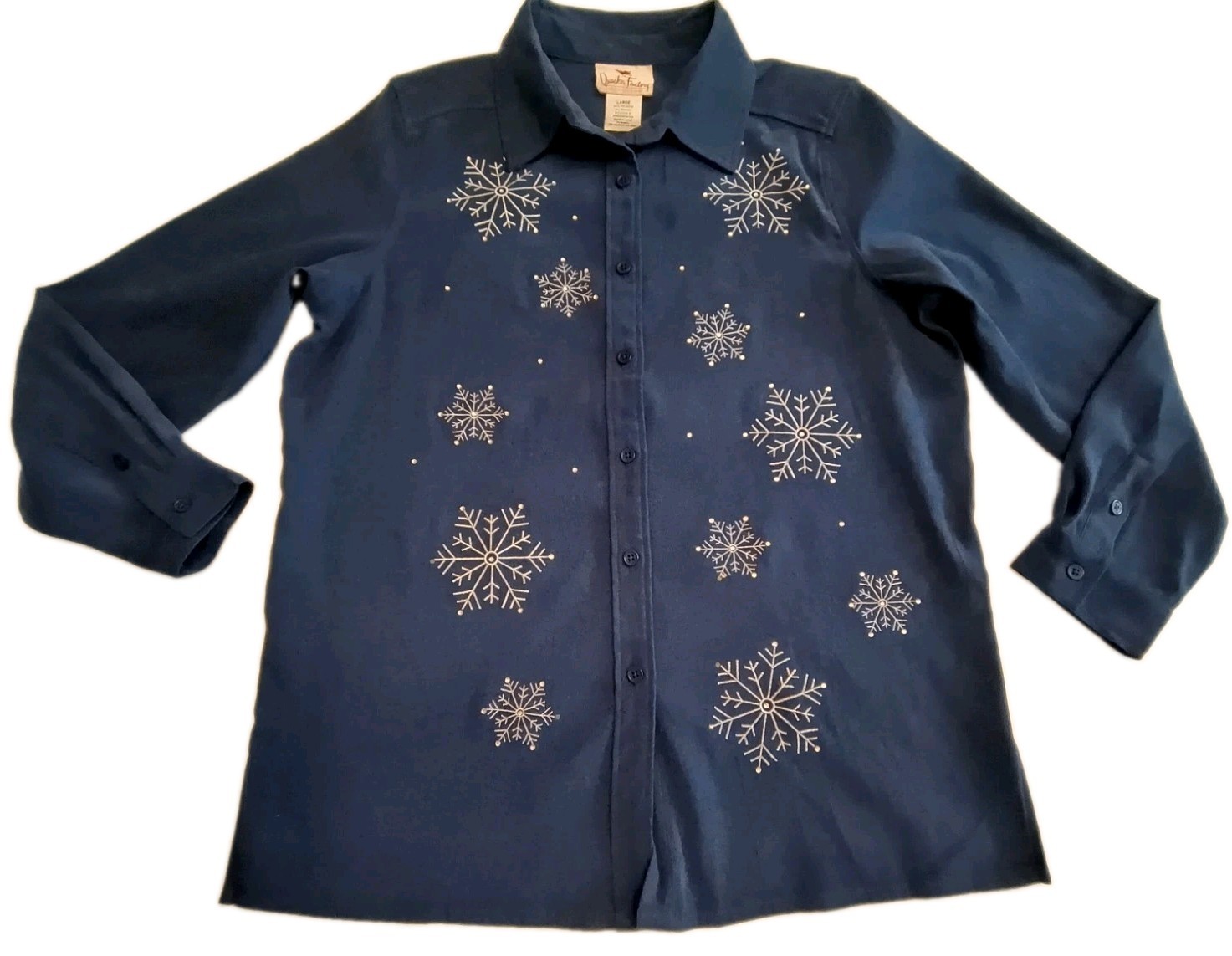 Quacker Factory Blue Blouse Shirt Size L Velvet Silver Embroidered Snowflakes