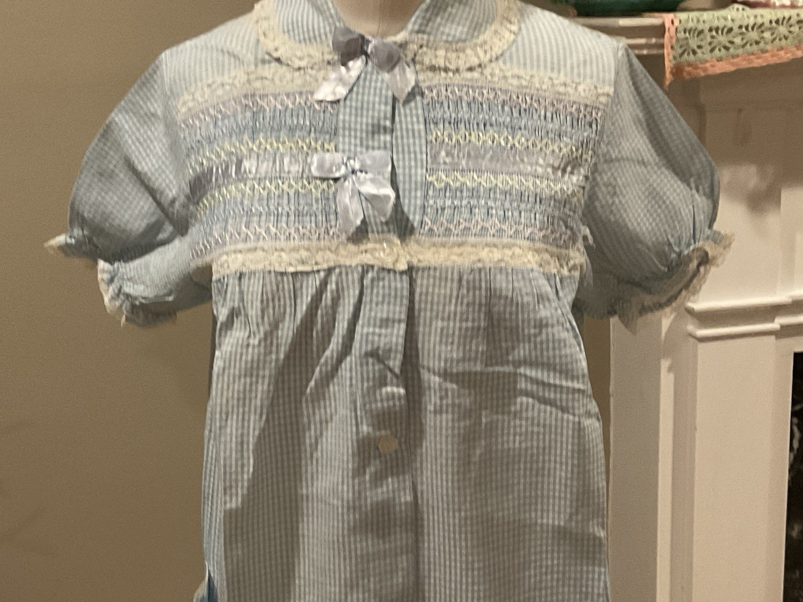 Vintage Blue Checked Cotton Lace Trim Housecoat Dress Granny Cottage Core Small