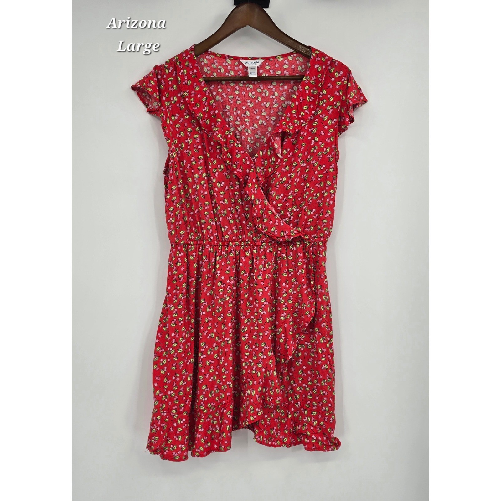 Y2K Arizona Jean Co Cherry Print Faux Wrap Dress L Cottagecore Coquette Picnic