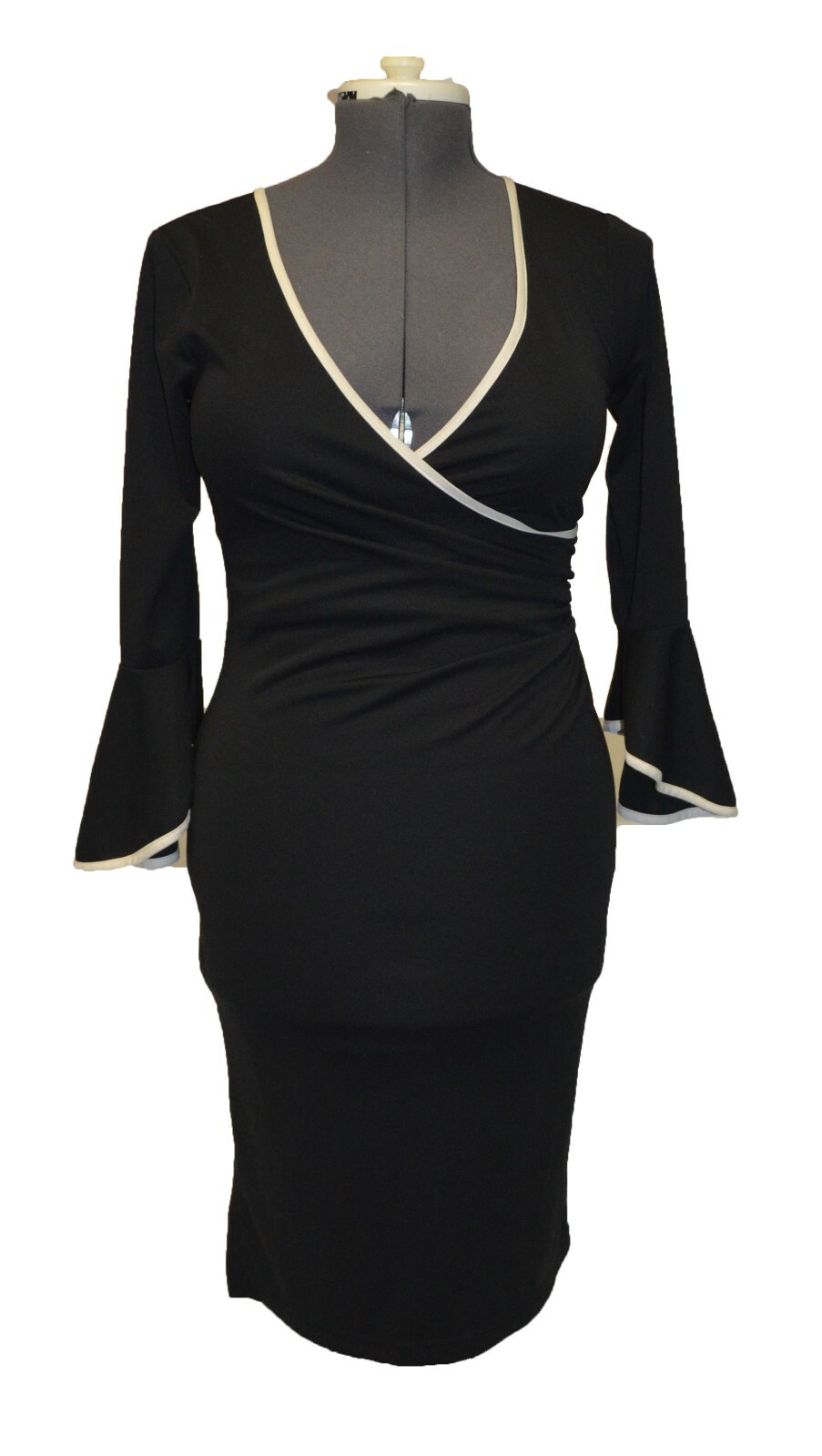 Tabloid Vintage 90s Black Bell Sleeve Faux Wrap Dress sz L