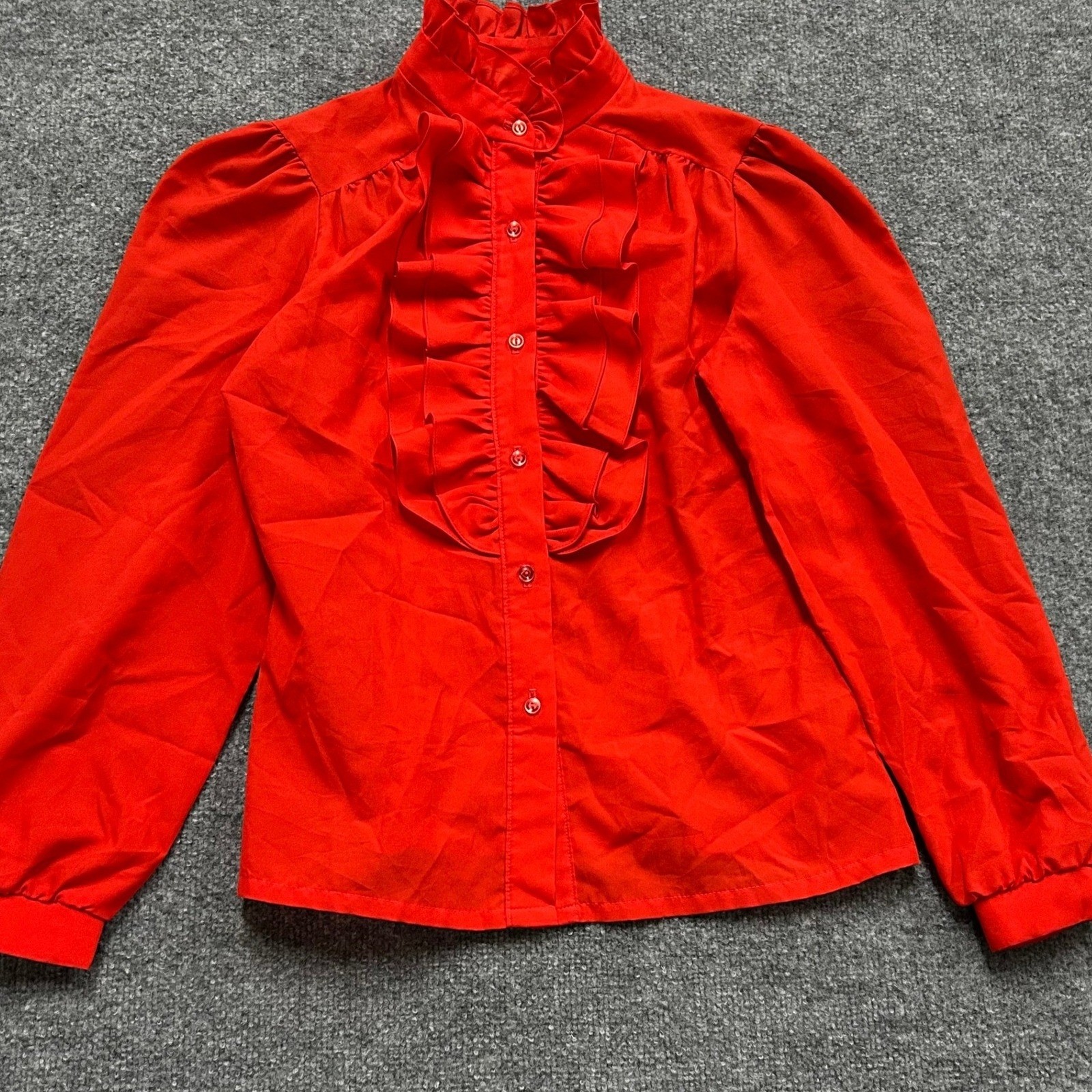 Vintage Ruffle Blouse Womens Size 9/10 Red Sleeve Victorian High Neck Button