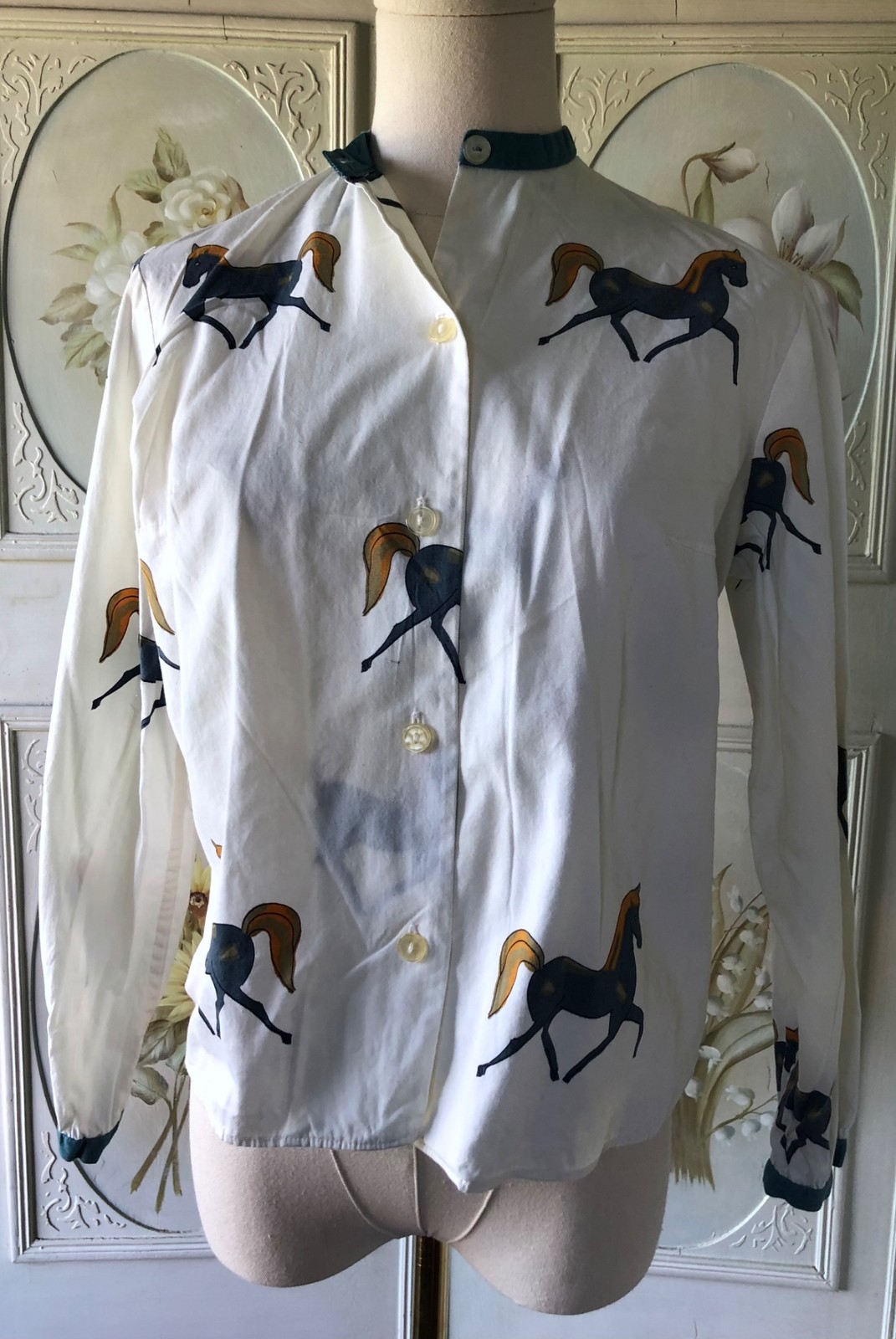 VTG 80s CRAZY HORSE SPORTSWEAR NOVELTY COTTON SHIRT HORSE PRINT CREAM BLUE 11/12