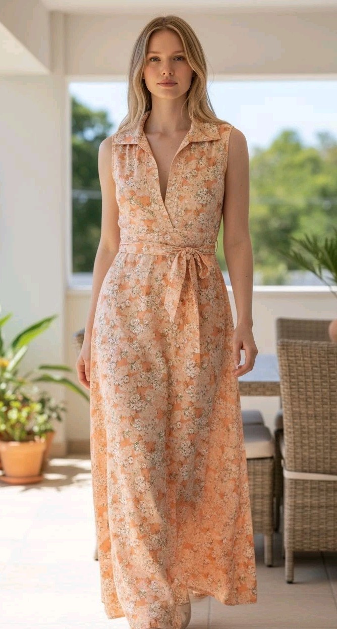 60s/70s Peachy Ditzy Floral Empire Waist Maxi Dress Tie Back Hostess, Boho GUC