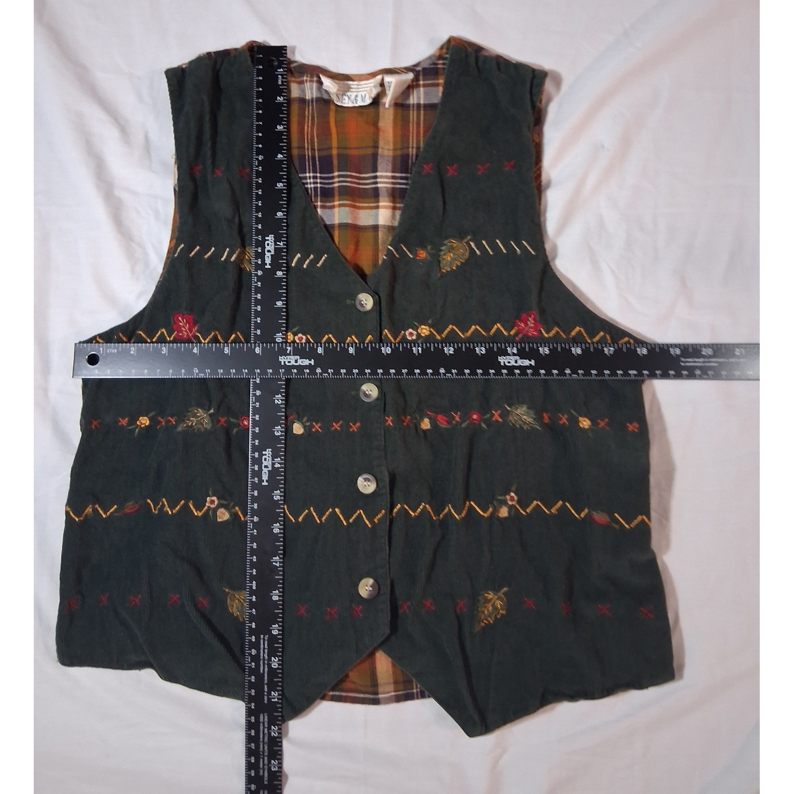 Casey & Max Vintage 90s Green Corduroy Plaid Embroidered Fall Vest Womens Medium