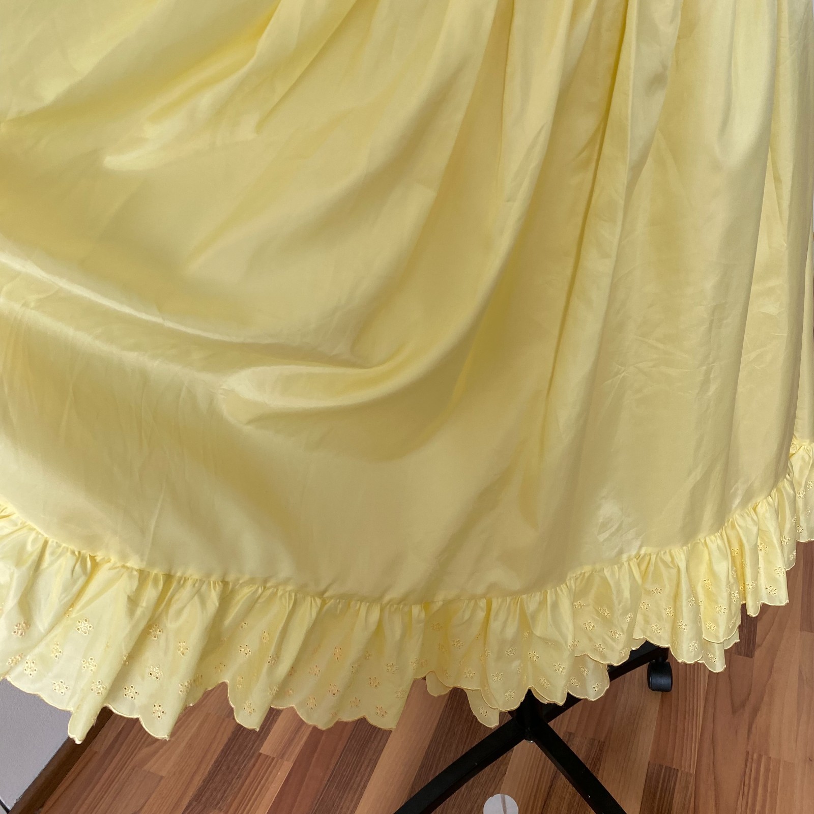 1980s Spaghetti Straps Ruffle Midi Dress Yellow Tiered Romantic Cottagecore EU36