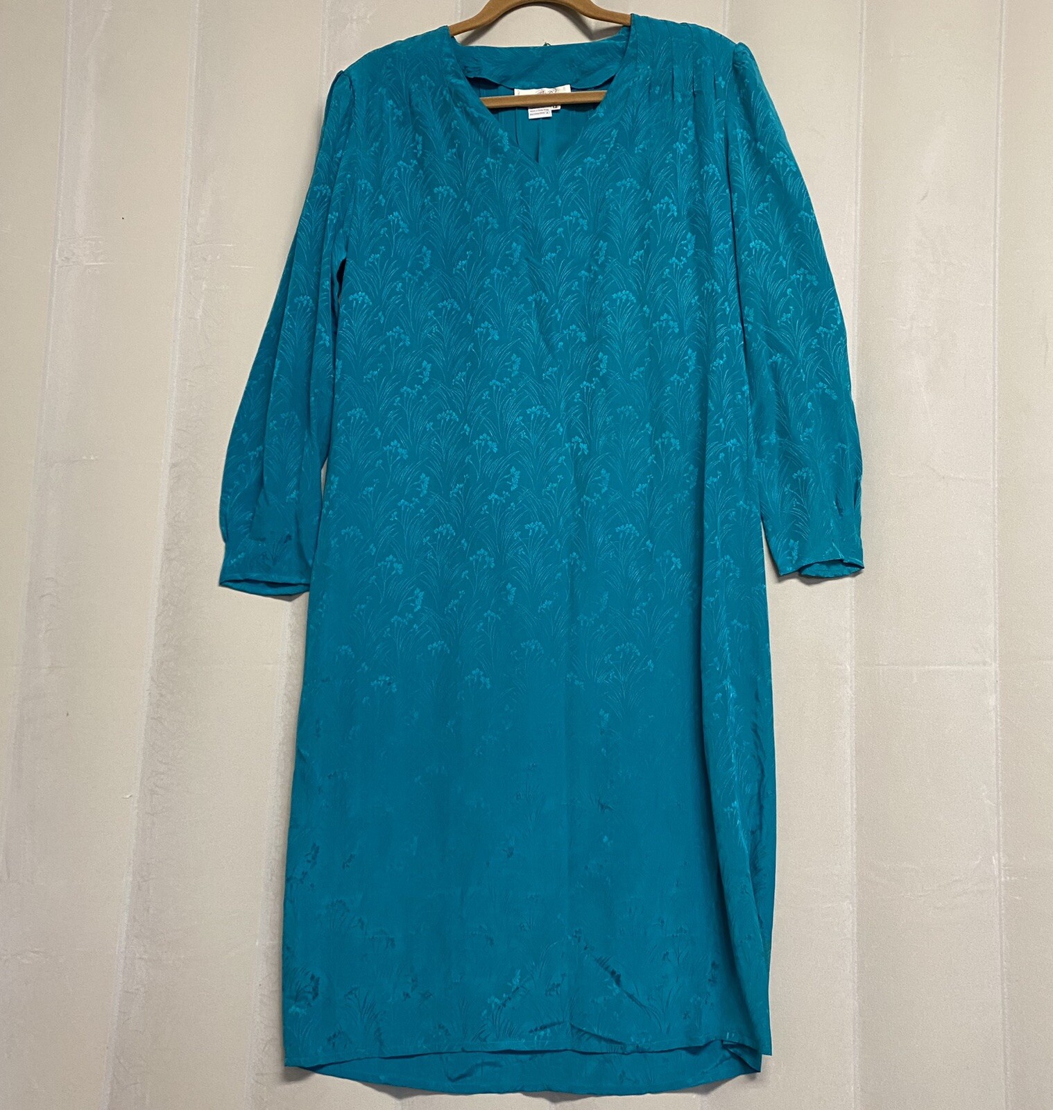 Vintage Women’s Dress Size 12 100% Pure Silk Floral Teal Housedress Feminine 80s