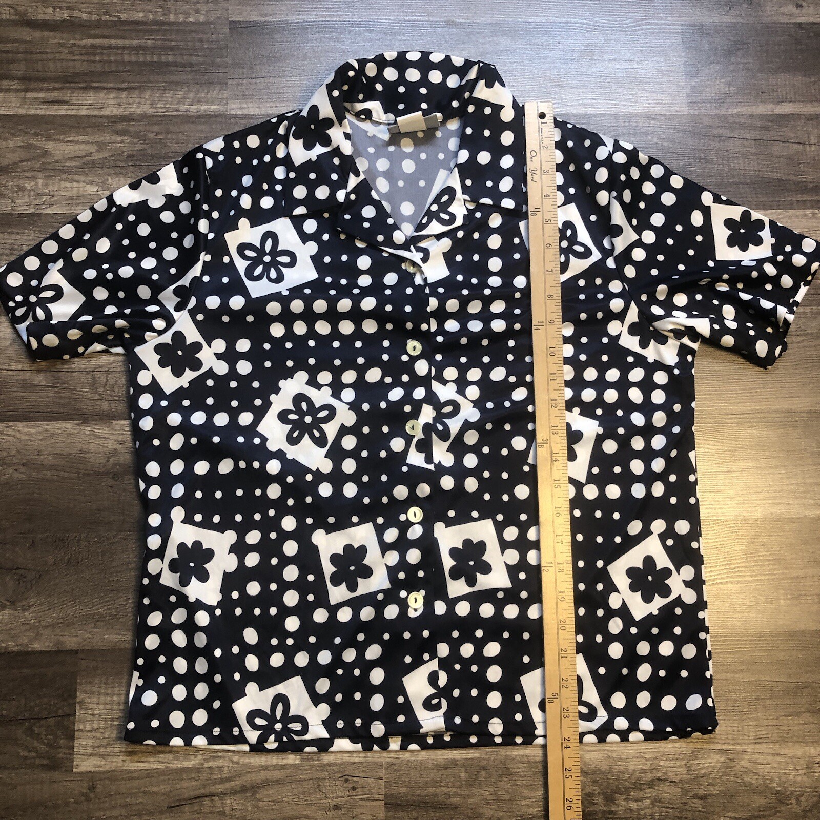 VTG 80s BLAIR Polyester Smock Shirt Womens M Blue Floral Short Sleeve Button Up