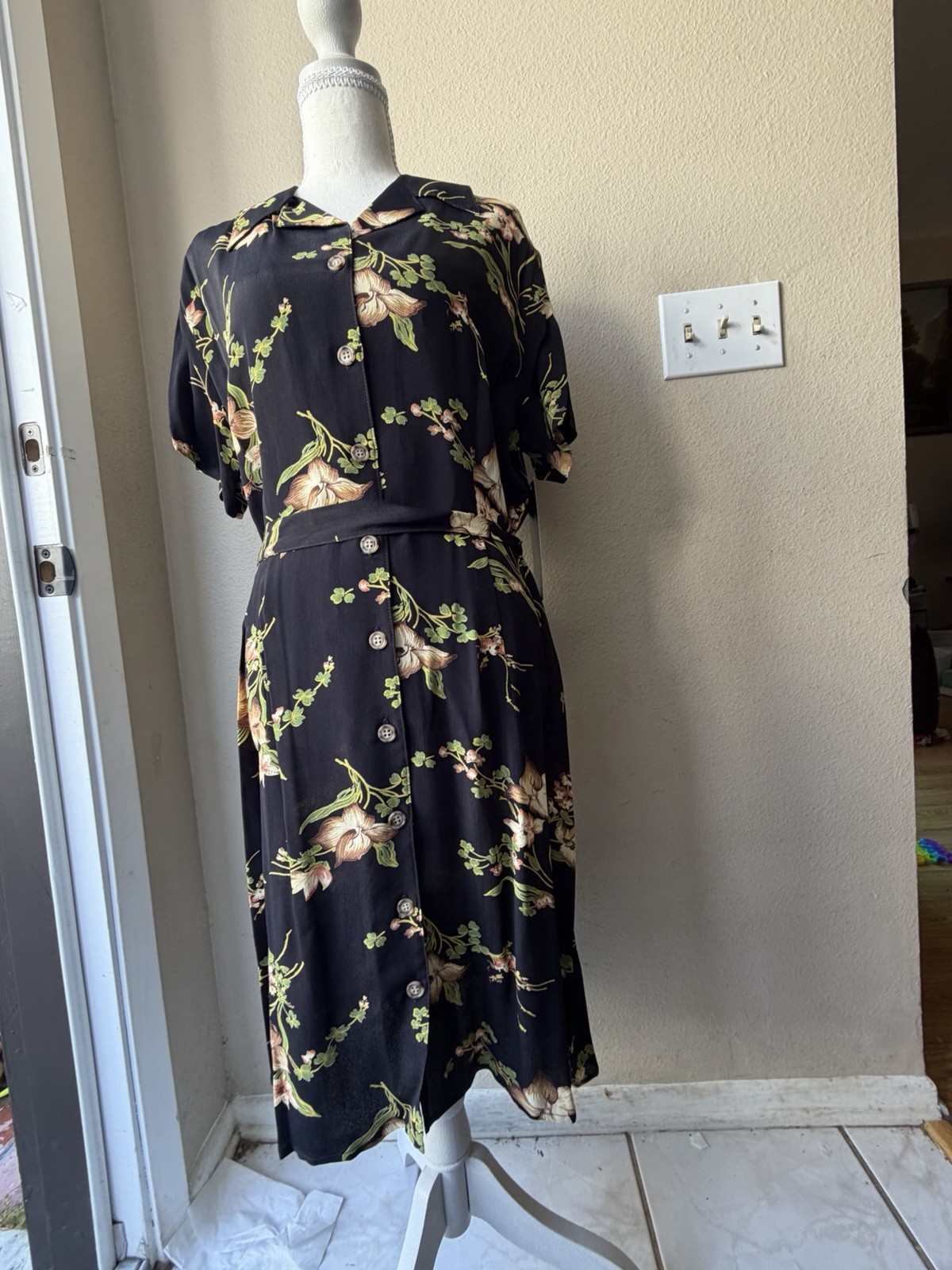 NWT Vintage 90s Karen Kane Rayon Rose Dark Floral Shirt Dress 16 Fits L 12 14