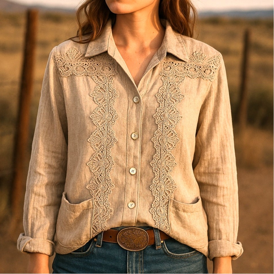 Saint Germain Paris Linen Lace Blouse Medium Cottagecore Boho Rodeo Westernwear