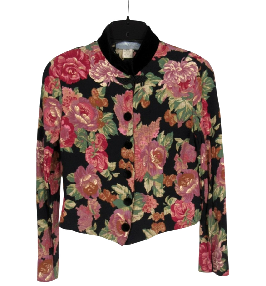 VTG 80’s CAROL ANDERSON Black/Pink Floral CREPE Button-Up CROPPED Jacket/Top 8