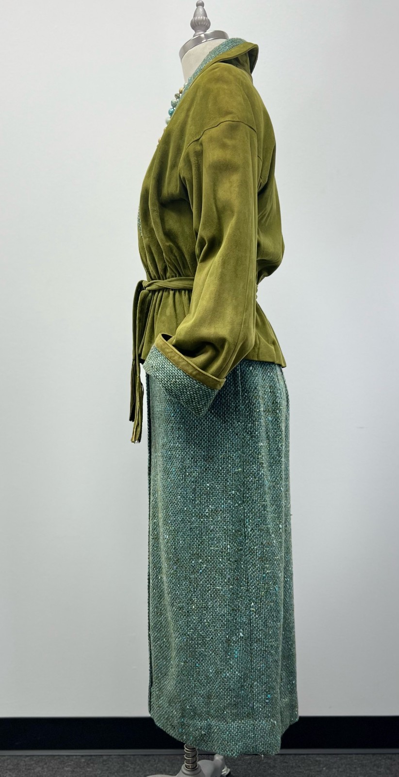 1960s VTG Leathervane Bonnie Cashin Designs 2pc Suit Pea Green Suede & Turq Wool