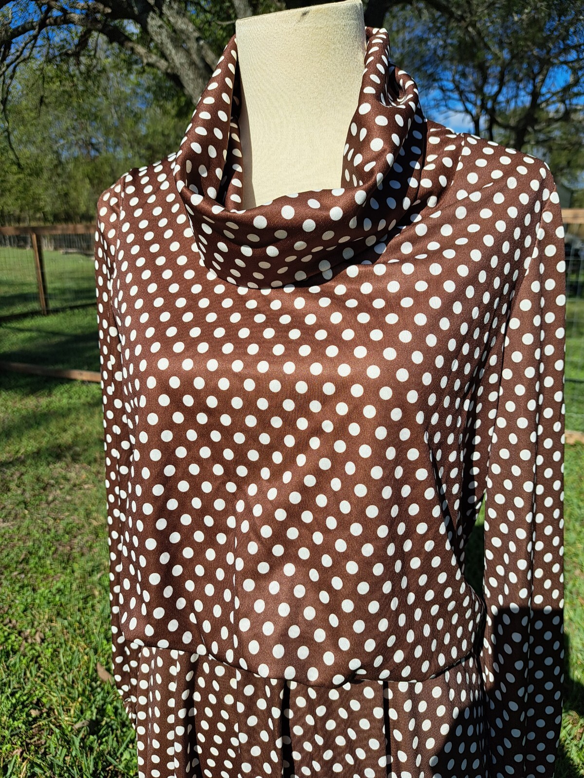 Vintage 70s Brown and White Polka Dot Puffy Dress S/M Long Flow Skirt