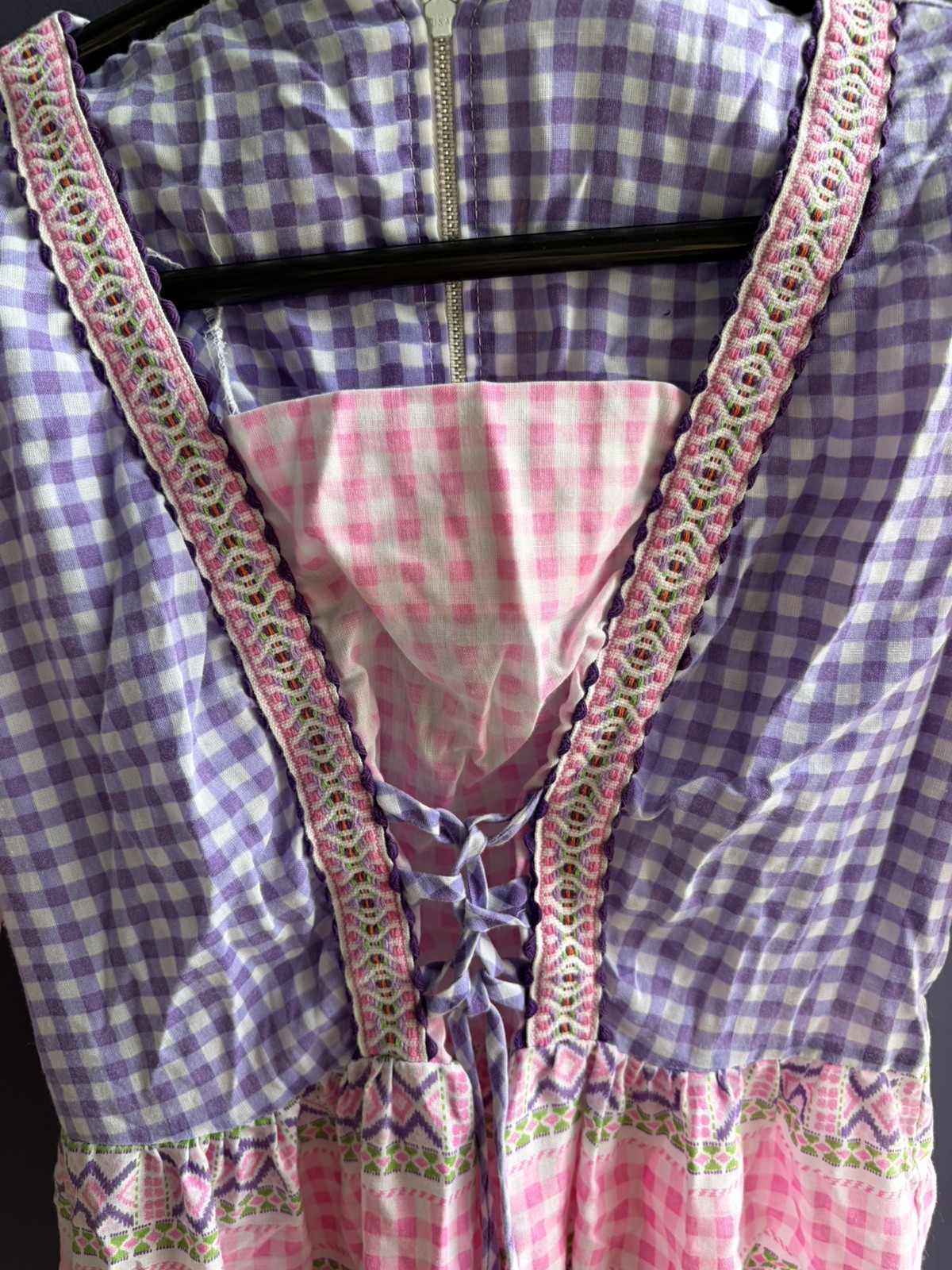 vintage 70s Girls Or XS boho hippie pink purple gingham prairie maxi dress