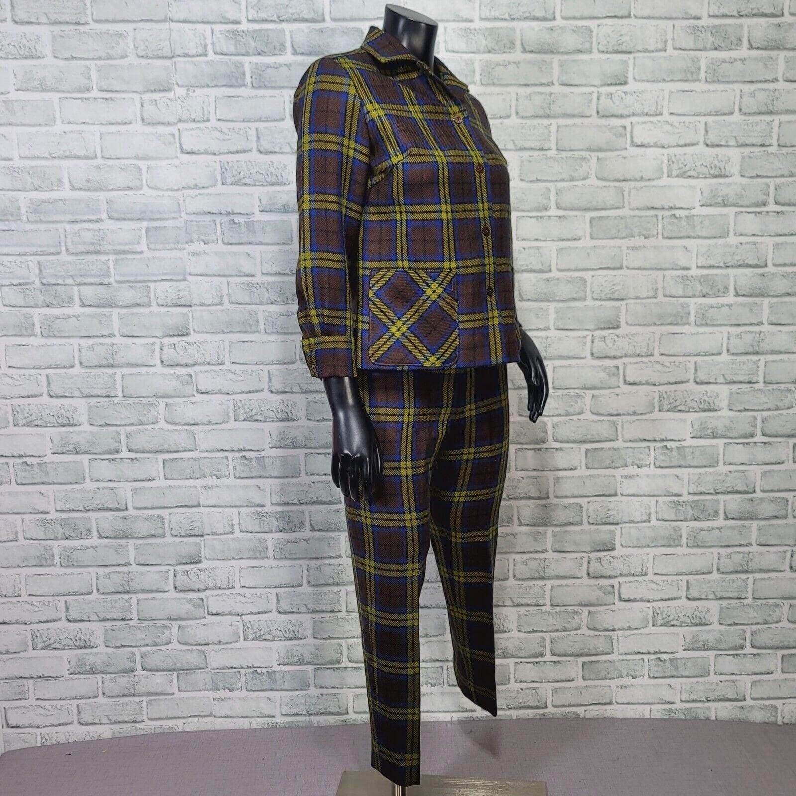 Vintage 60s Kajimatu Japan Wool Plaid Pantsuit Brown Blue Yellow Tartan Mod Set