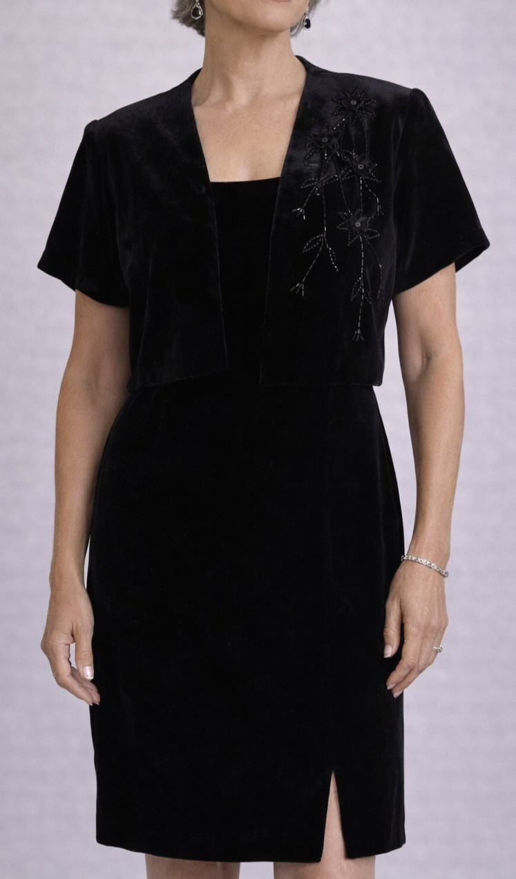 VTG J.R. NITES BY CALIENDO 2-piece Black Bolero Jacket VELVET Dress Formal Sz 6