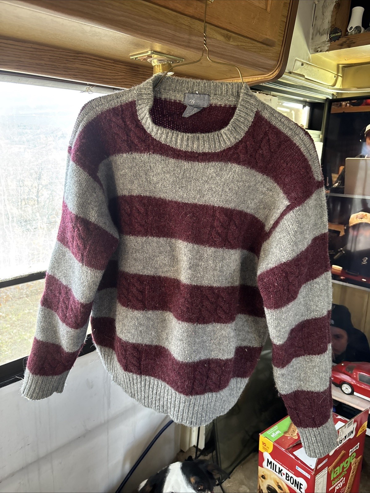 Vintage Striped Wool Knit Crew Neck Sweater Sz small- Burgundy/Gray