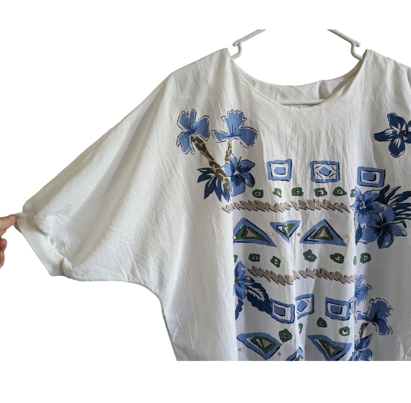 Vtg 80s/90s L/XL White Blue Floral Beaded Banded Waist Top Coastal Granny