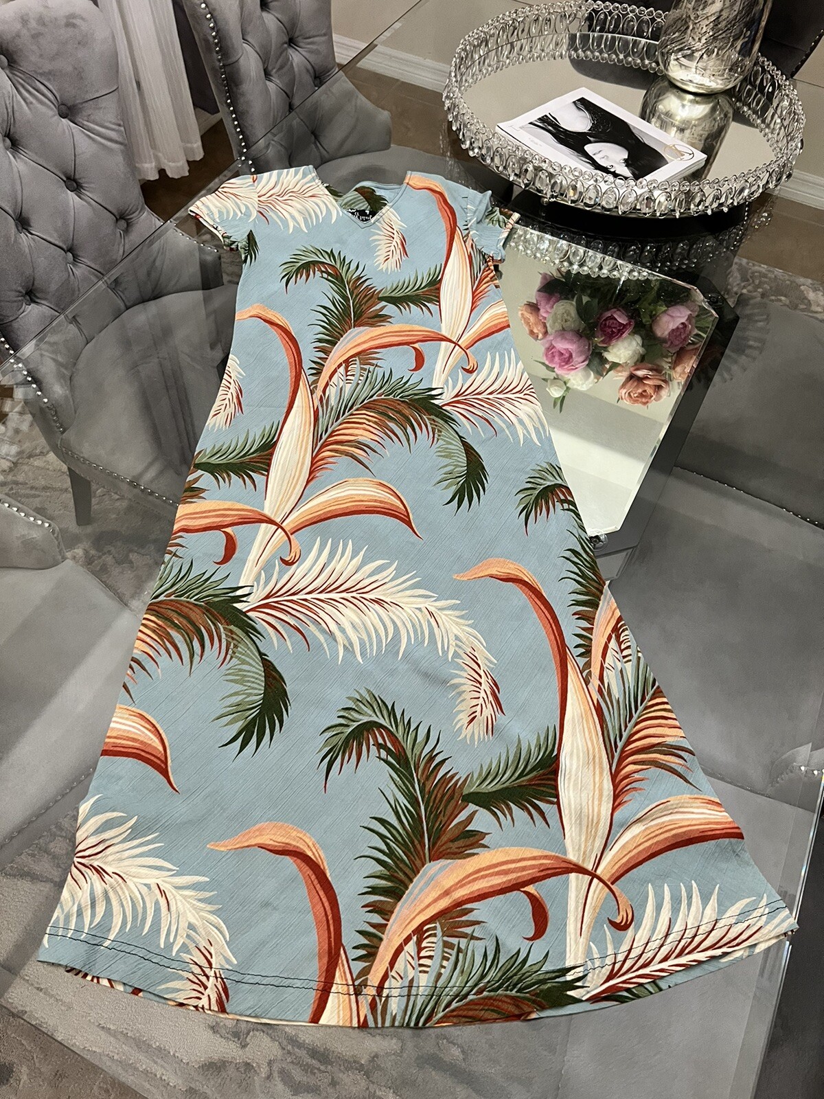 Carol Little Vintage 90s Turquoise Terracotta Tropical Palm Print Maxi Dress 4