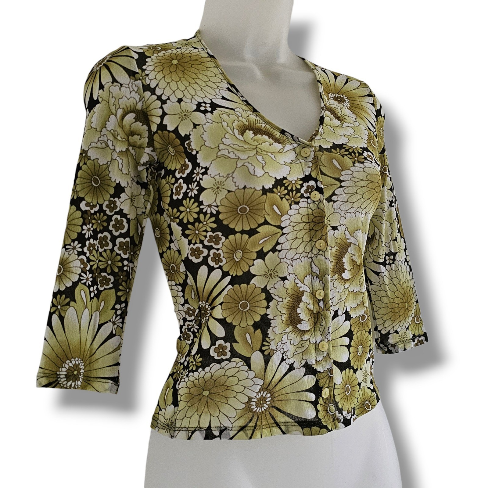 True Vintage 70s Mesh Top S Women Floral Button Front Retro Hippie Indie Grandma