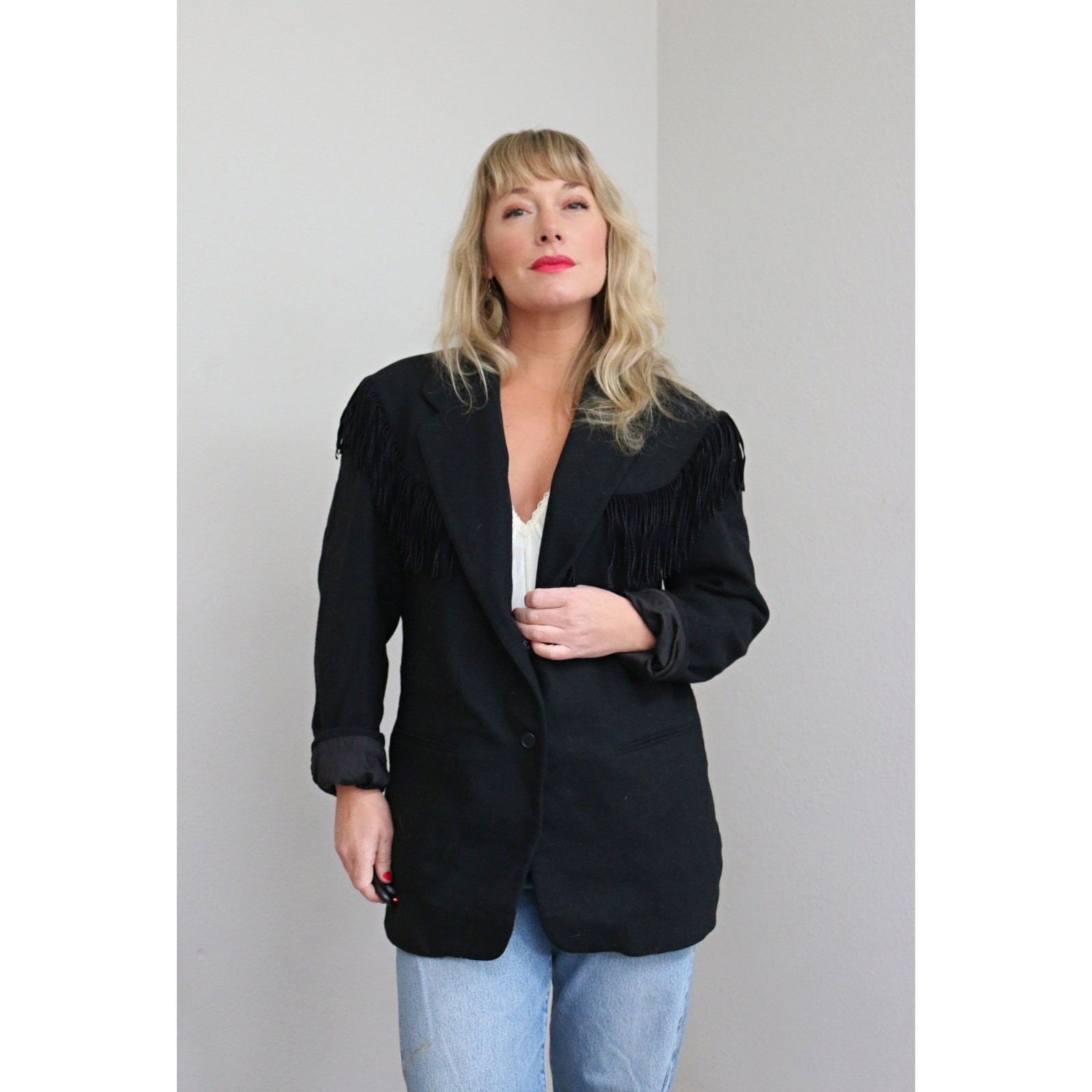 1990’s Vintage Adolfo Black Wool Fringe Blazer ~ Women’s MD LG ~ Western Jacket