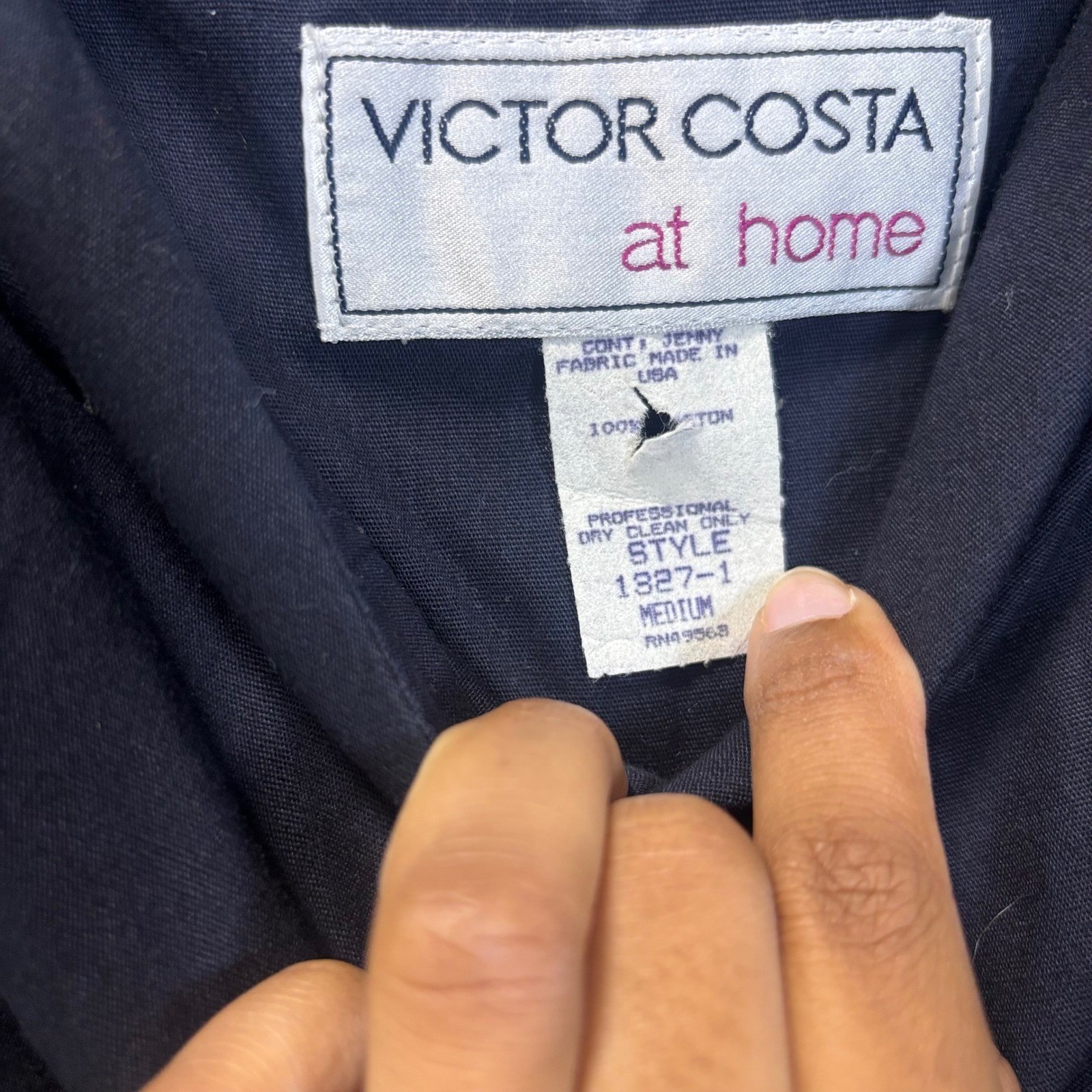 Victor Costa at Home VTG Navy Cotton Maxi Dress Button Front Fit & Flare Medium