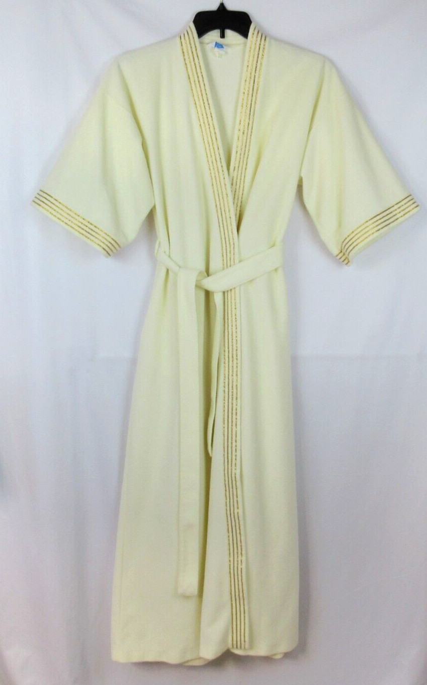 Vintage SEARS Cream Robe Gold Metallic Trim Belt SMALL 3/4 Sleeves At Home Wear