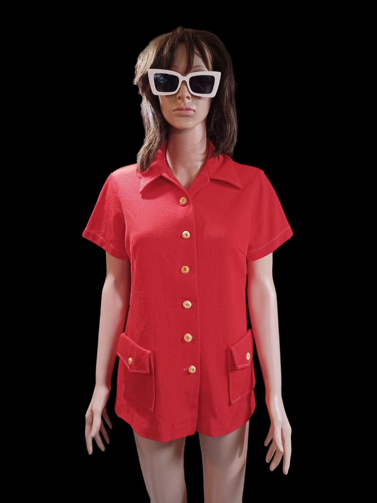 True VTG Mod Mid-century 1960s 1970s 100% Polyester Button-up Shirt Jacket Red M