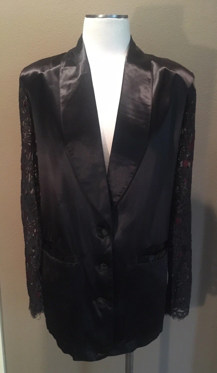 Vintage Sue Wong M Satin Tuxedo Jacket W Black & Wine Lace Sleeves
