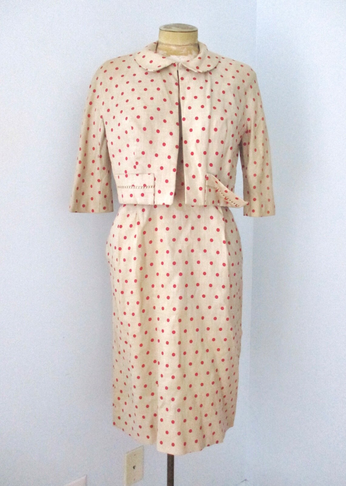 Vtg 50s 60s tan brown red polka dot 2-pc secretary dress cropped jacket suit M
