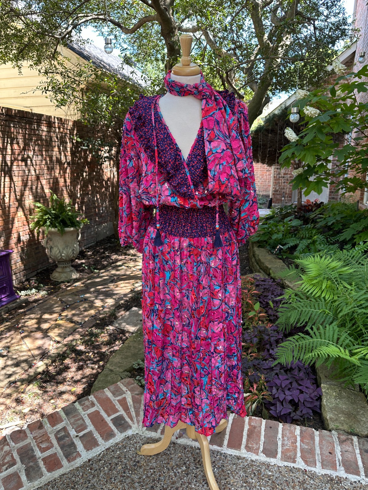 Vintage Diane Freis Pink Floral Georgette Sequins Midi Dress 80s w Sash Sz