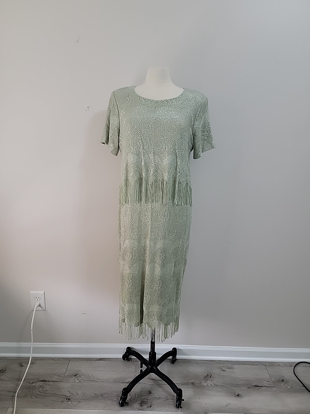 Vtg SL Fashions Green Lame Sparkly Formal Long Party Dress with Fringe Size 14WP
