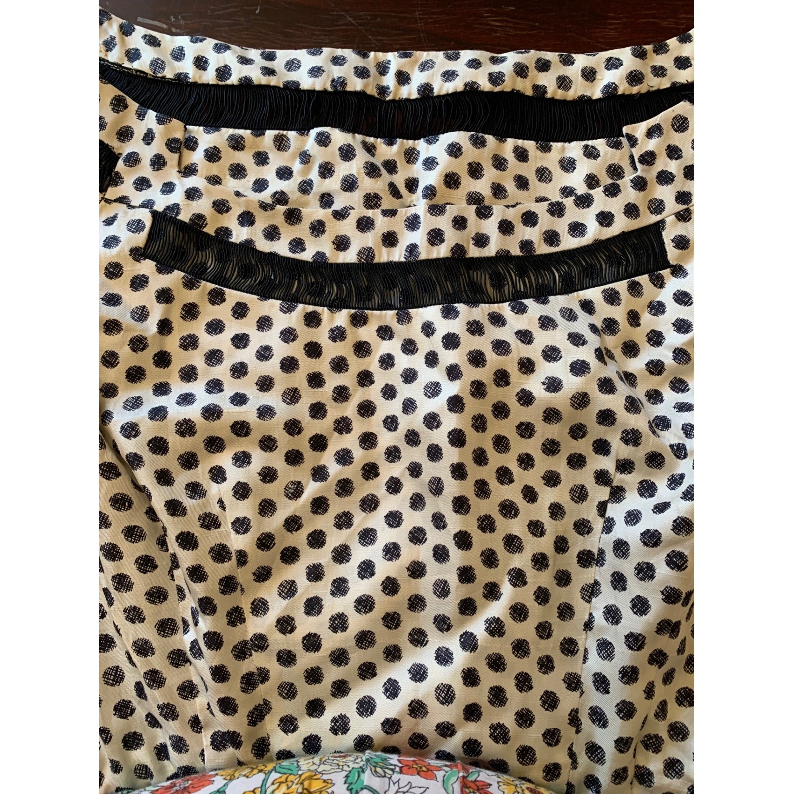 Anna Miller Vintage 50s Polka Dot Cold Shoulder Dress White Black Fringe Trim