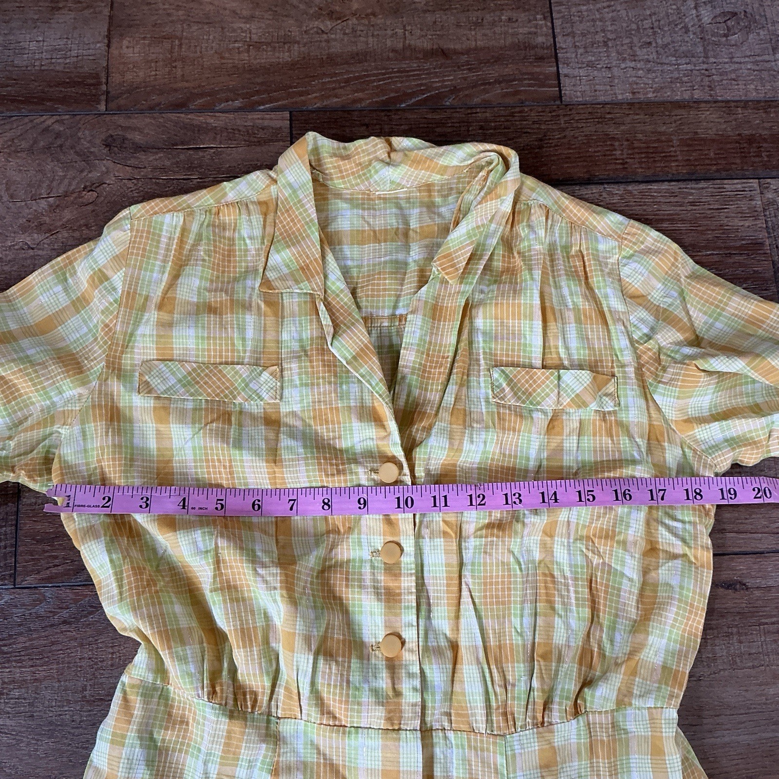 60s 70s VINTAGE Yellow Plaid Shirtwaist Midi Dress Button Front Size M #4901
