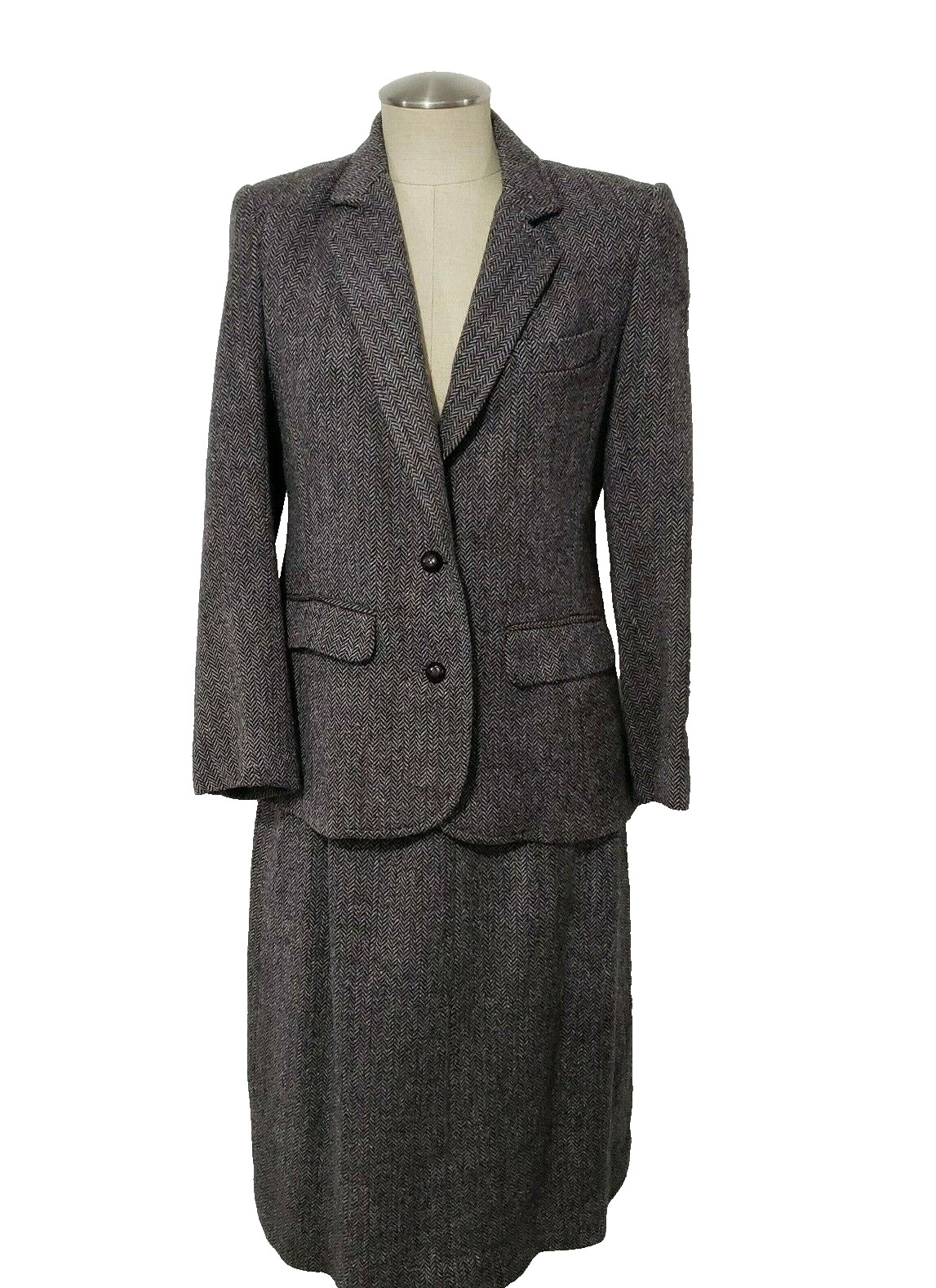 Vtg Sycamore Pure Wool Women’s Herringbone-patterned Suit Jacket & Skirt 6/8?