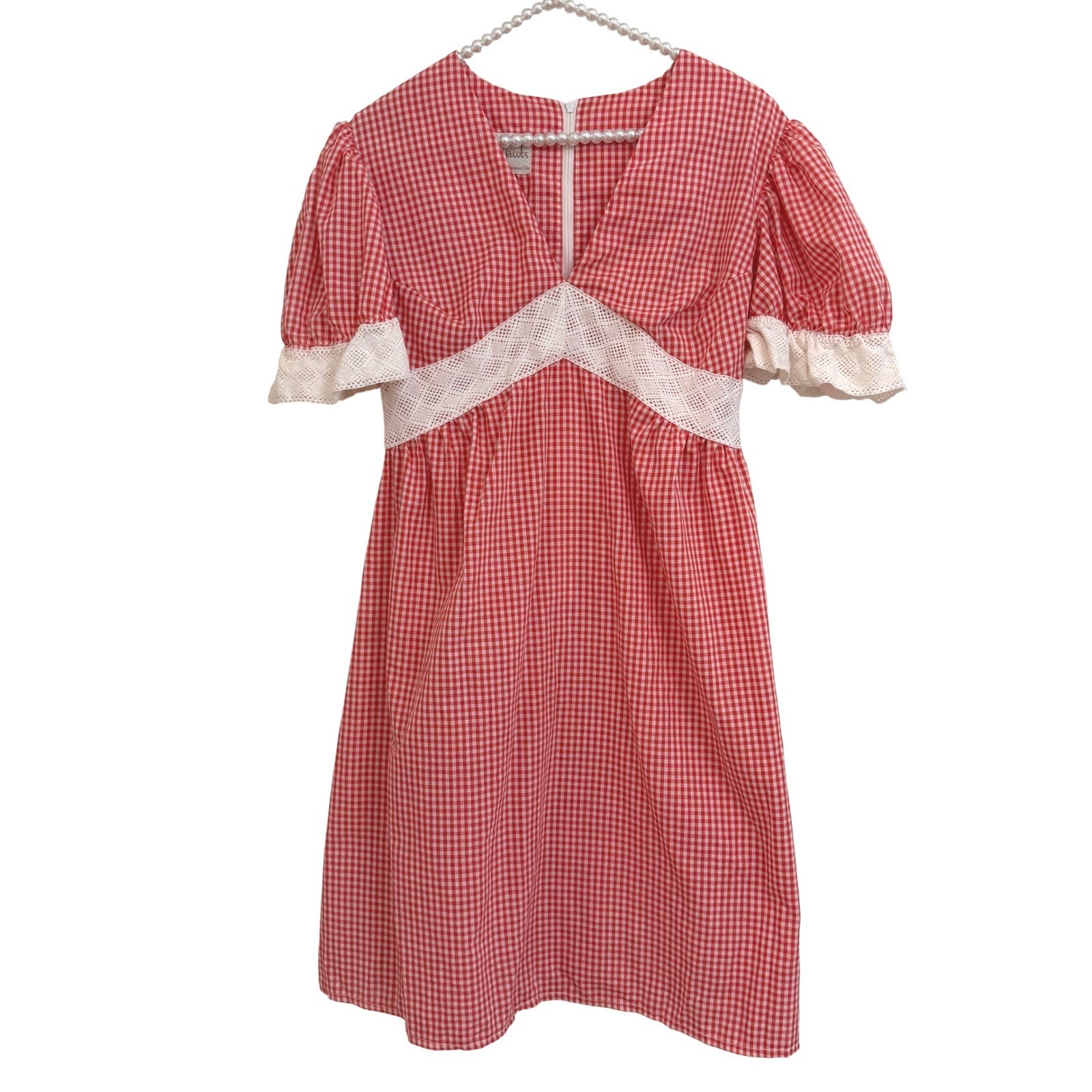 Vtg Phil Jacobs Red Gingham Check Eyelet Lace Puff Sleeve Picnic Dress S Prarie