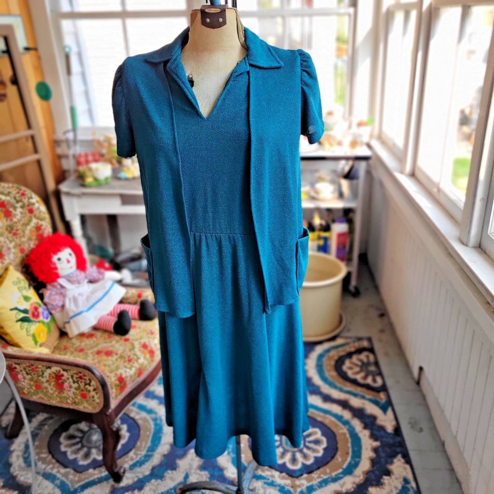 Vintage 1970’s -Cinched Waist Soft Terry Poly Sun Dress w Cardigan Top Size L