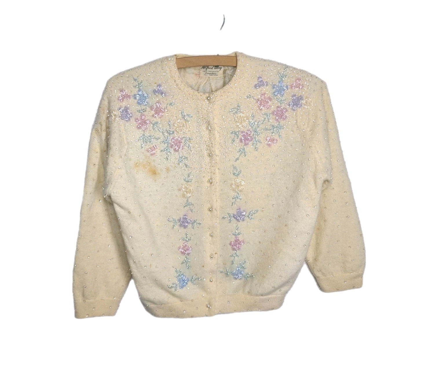 1950s Beaded Cashmere Cardigan Silk Lined Cut Glass Alfred Wong Small Vintage