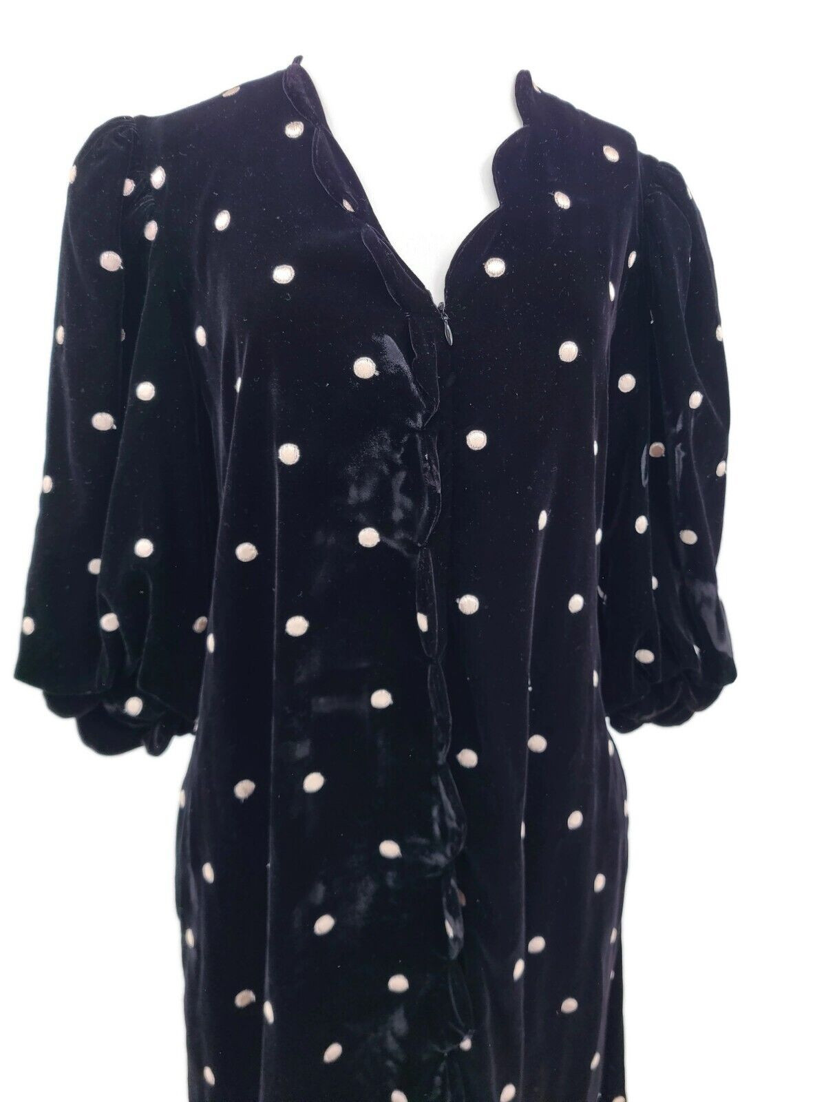 VTG Georgette Trabolsi Velvet Lounger Caftan Womens M Black Pink Dots Gown Pkts