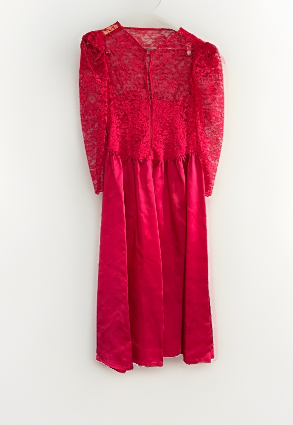 Vintage 80s Lace Satin Formal Dress Puff Sleeve Red Prom Homecoming Wedding READ