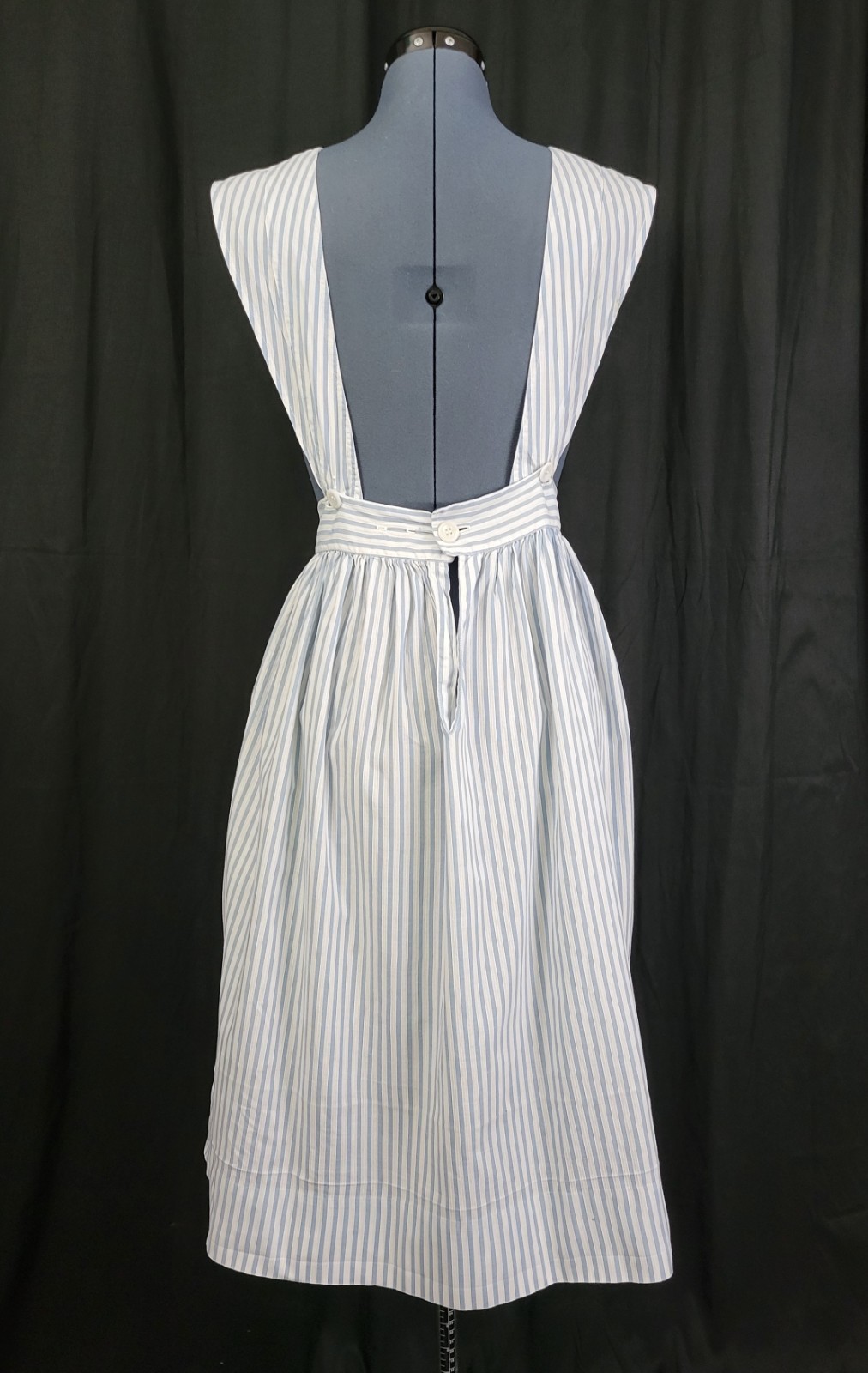Vintage Blue & White Striped Apron w Bib & Patch Pockets Handmade?