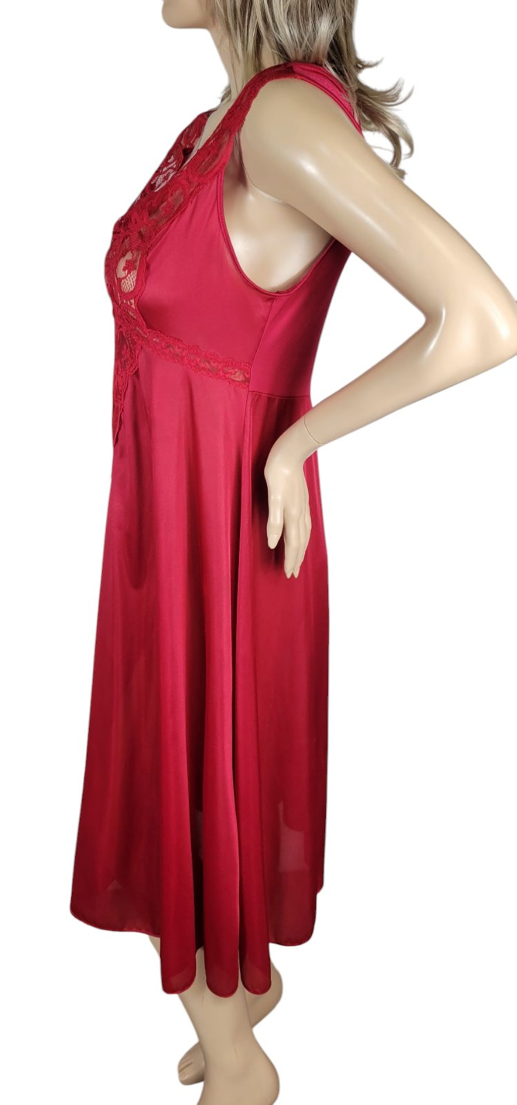 Vintage Soft Moments New York Red Nylon Satin & Semi Sheer Lace Slip Nightgown L