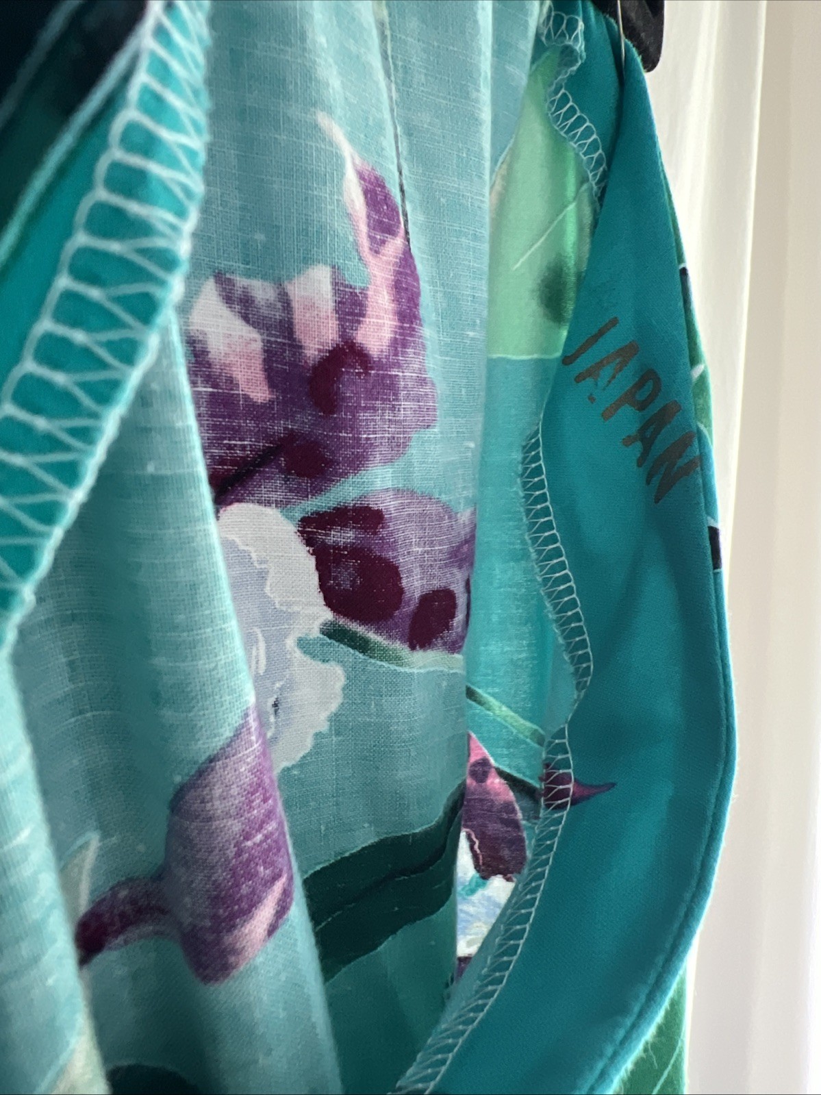 1980s Handmade One Shoulder Hawaiian Dress Teal W/Purple Orchid Flowers Size Sm