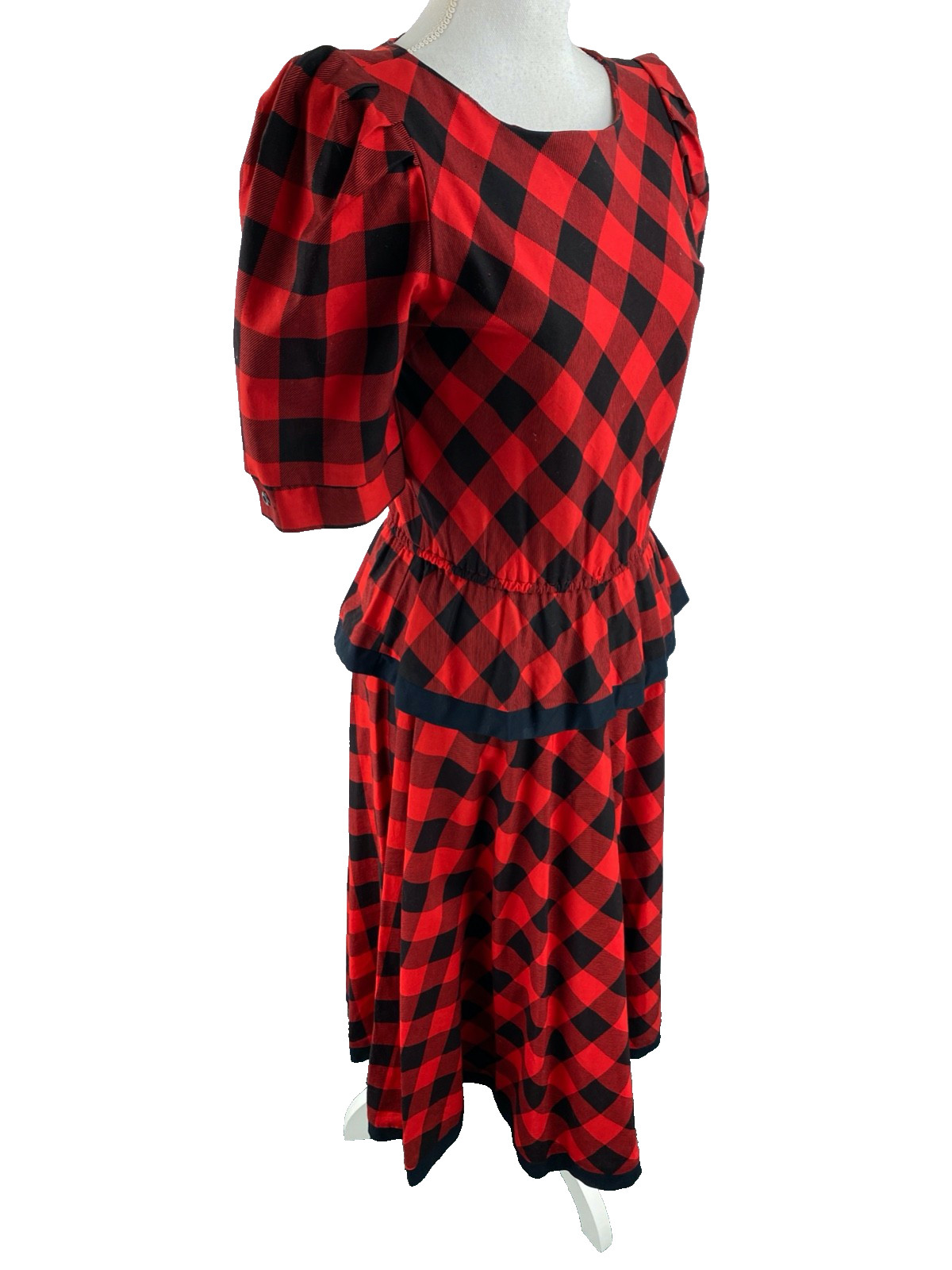 Choon Vtg Womens 7/8 Plaid Peplum Below Knee 70s Puff Sleeve Dress A-Line