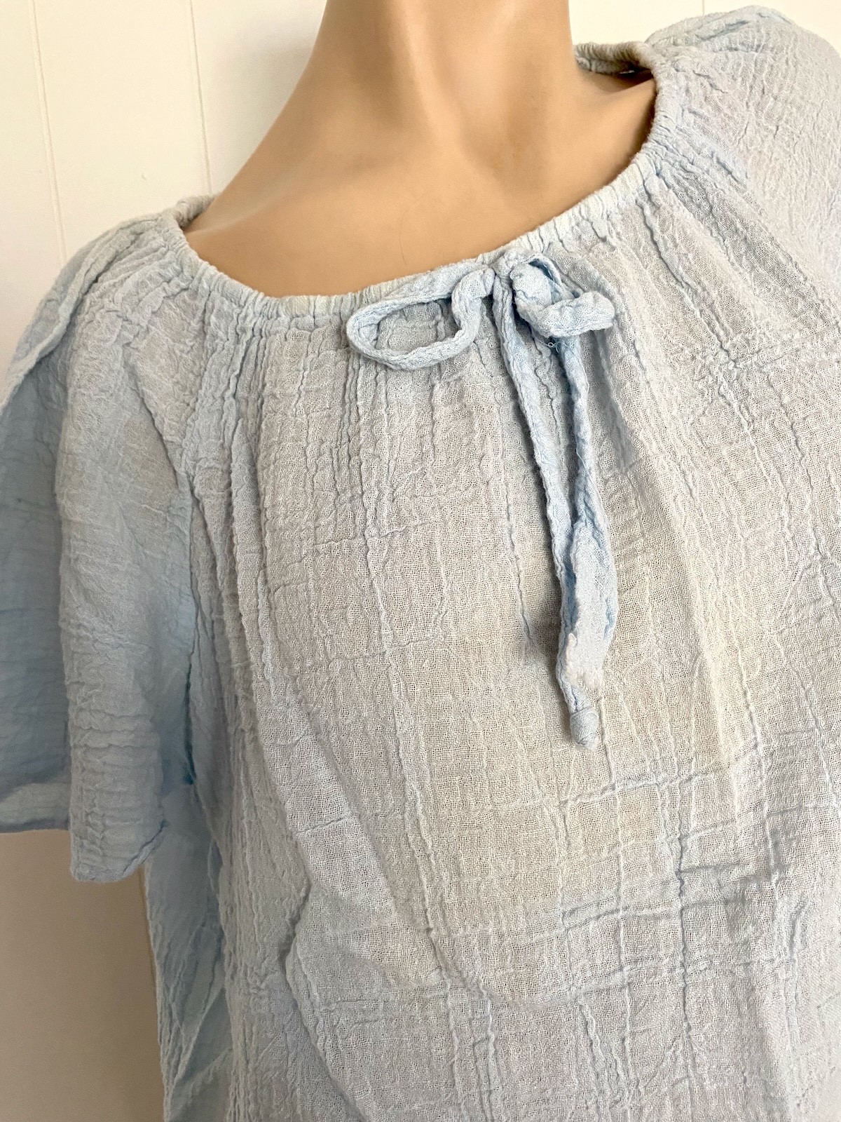 Vintage 1970s Alley Cat Baby Blue Gauzy Cotton Peasant Blouse M L