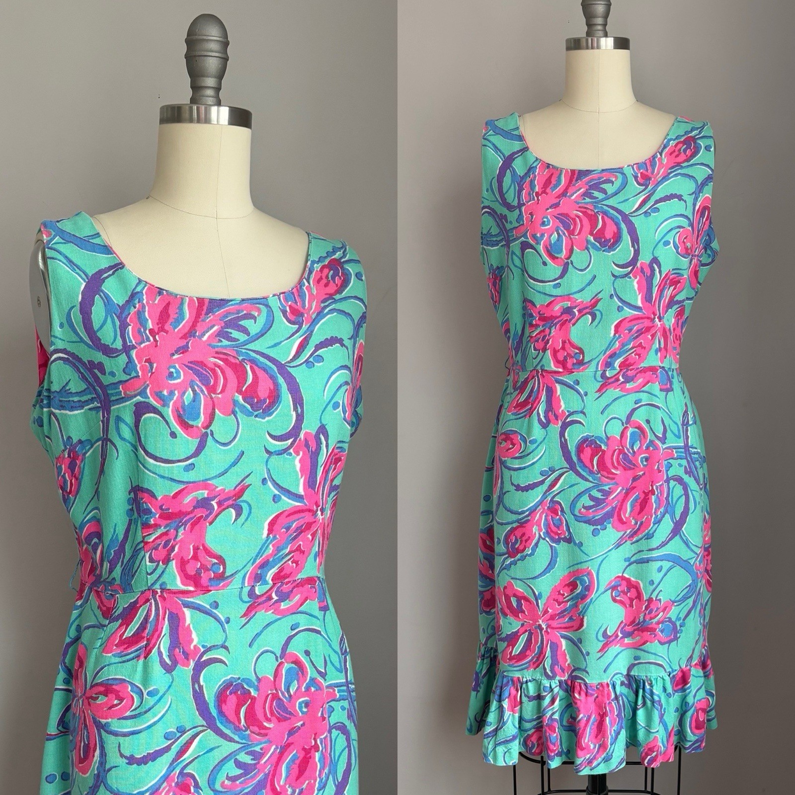 Mod Vintage 1960’s Retro Aqua w/ Hot Pink Floral Print Ruffled Hem Sun Dress M