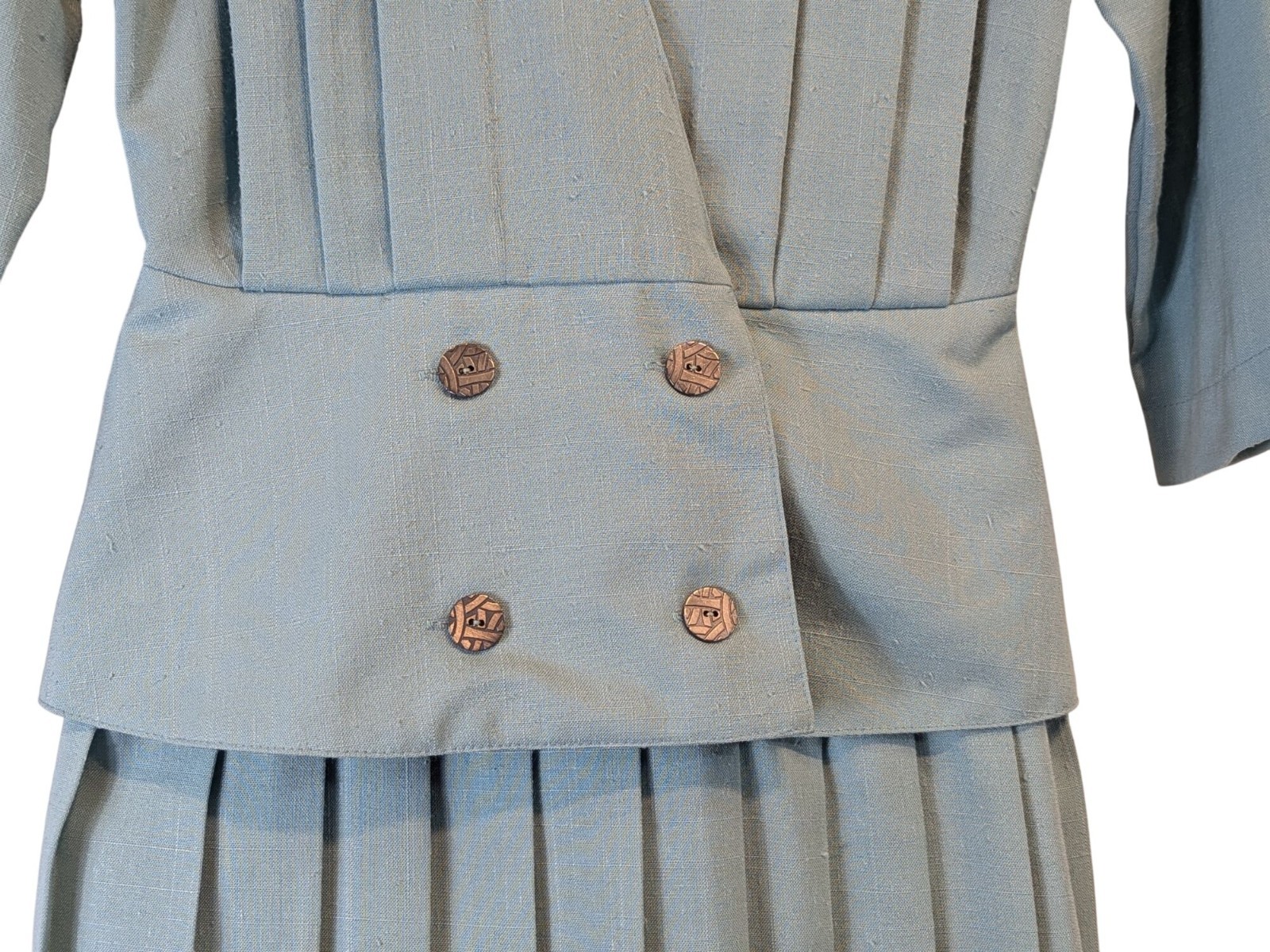 Vintage Laura Henson Women Dress Suit Size 6 Green Pleated Skirt Shoulder Pads