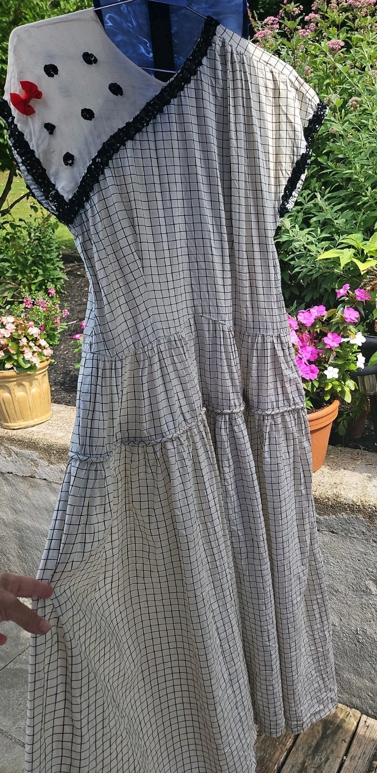 Vintage Original 1950s Swing Dress Grid Plaid Black And White Sequins Bow Sz M