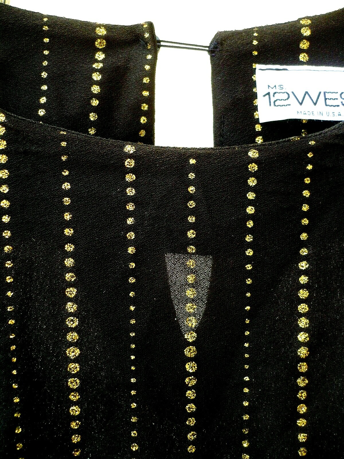 VTG 80S MS 12 WEST SZ XL L BLACK LIGHTWEIGHT GOLD SPARKLE DOTS DISCO BLOUSE LADY