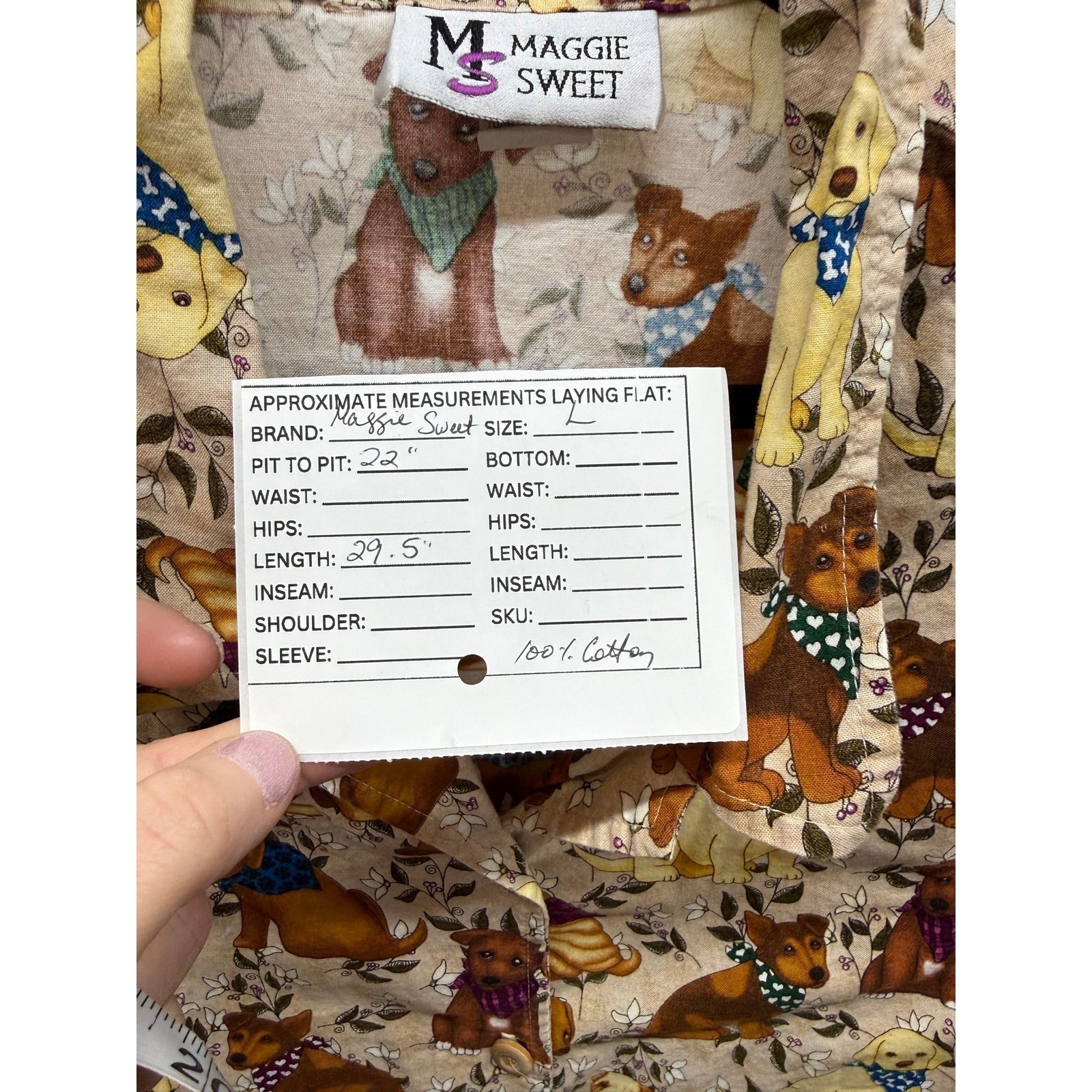 DOGS! Sz L PTP 22″ Maggie Sweet Button-Up Short Sleeve 100% Cotton Made in USA