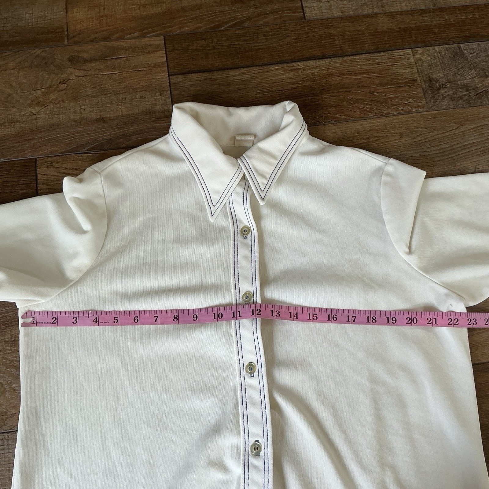 70s VTG Royal Blue Jacket White Blouse 2PC Set Sz L Coin Buttons Topstitch #20D8
